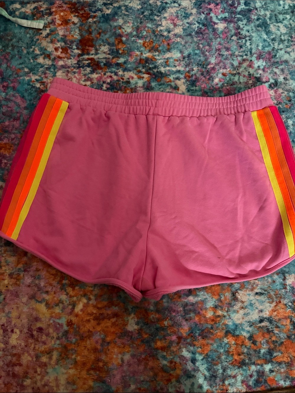 Women’s Pink Athletic Shorts with Rainbow Stripe Trim